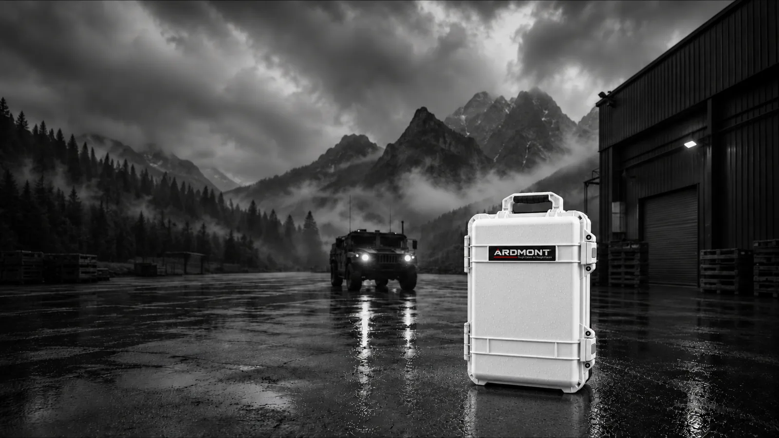 White Protective Hard Case in Mountain Field Yard: Ardmont White Ardmont protective hard case beside an off-road vehicle in a monochrome mountain yard