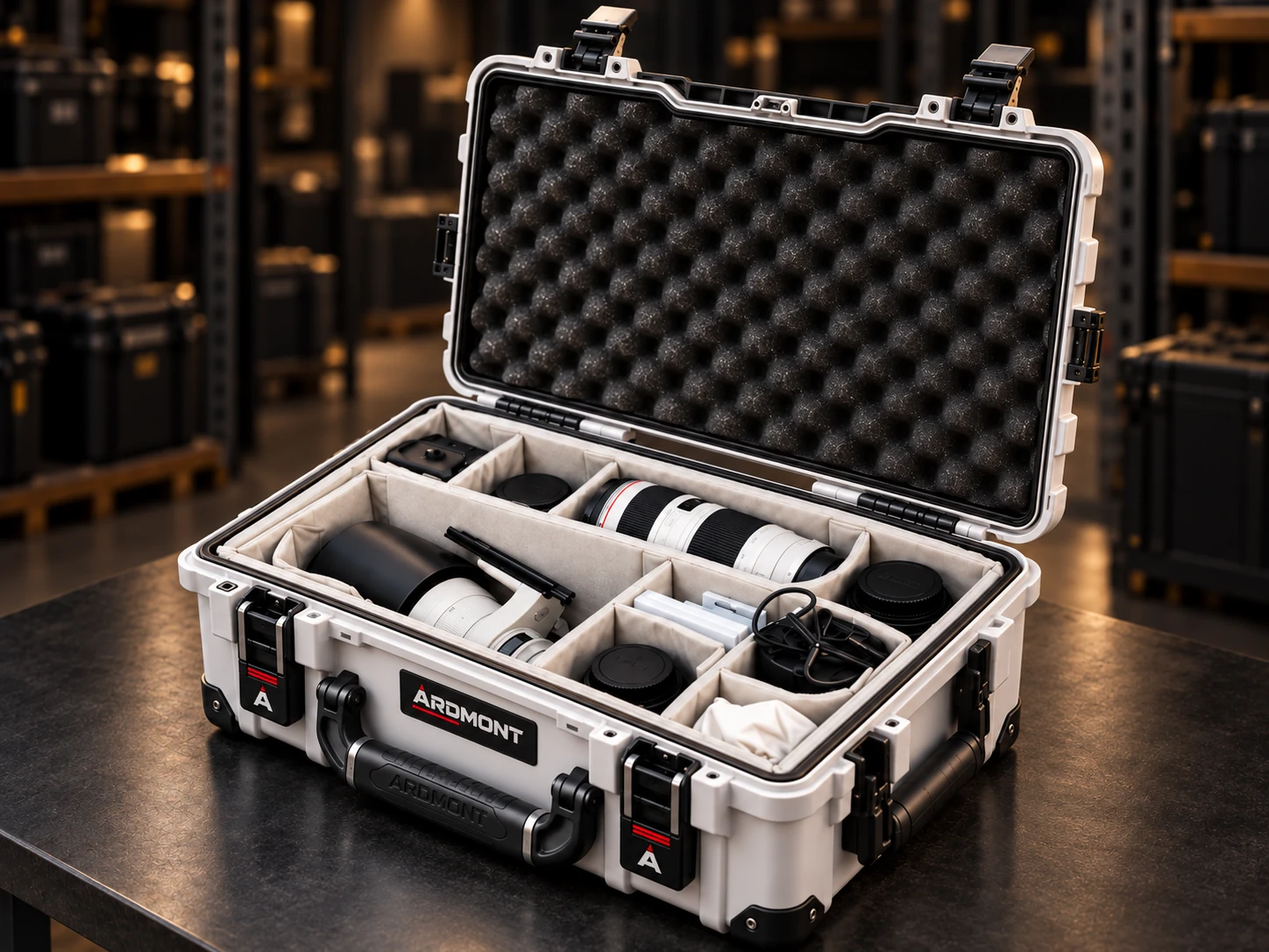 Ardmont Camera Case with Padded Dividers Open white Ardmont camera case with padded dividers organizing a camera and lenses