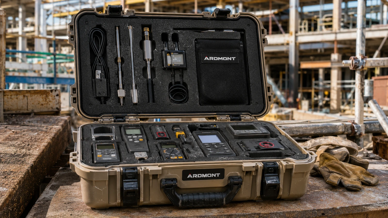 Ardmont Equipment Case for Field Service Open tan Ardmont equipment case with fitted tools and a lid organizer at a worksite
