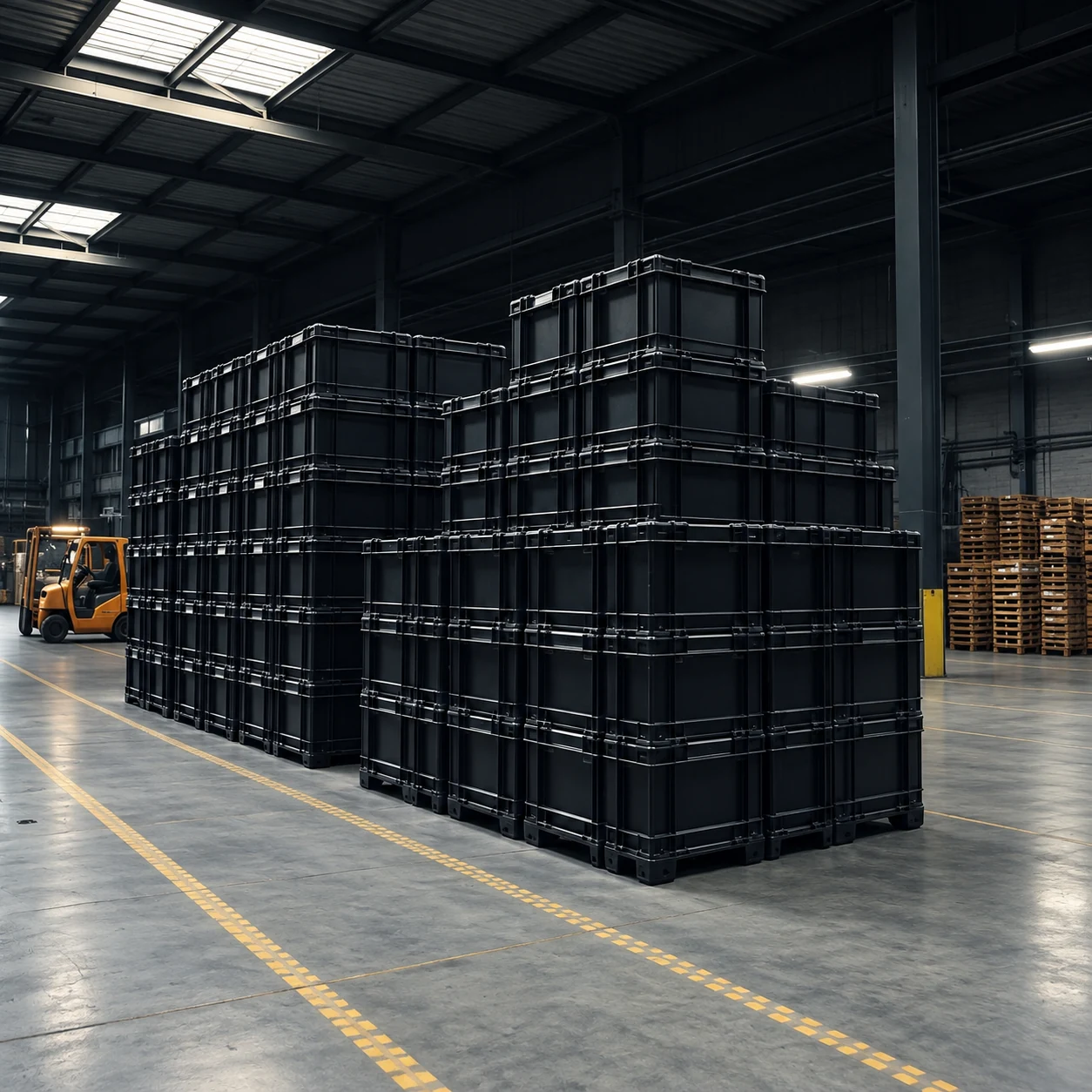 Black Storage Crate Stacks: Illustrative Warehouse Scene Illustrative warehouse scene with complete main stacks of black ribbed storage crates