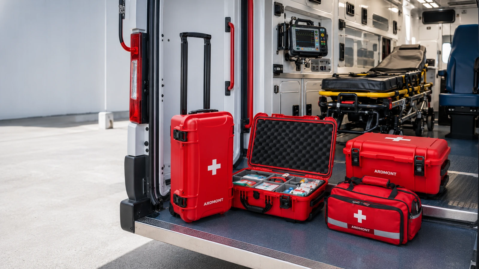 Ardmont Medical and First Aid Cases Red Ardmont medical and first aid cases arranged at the rear of an ambulance
