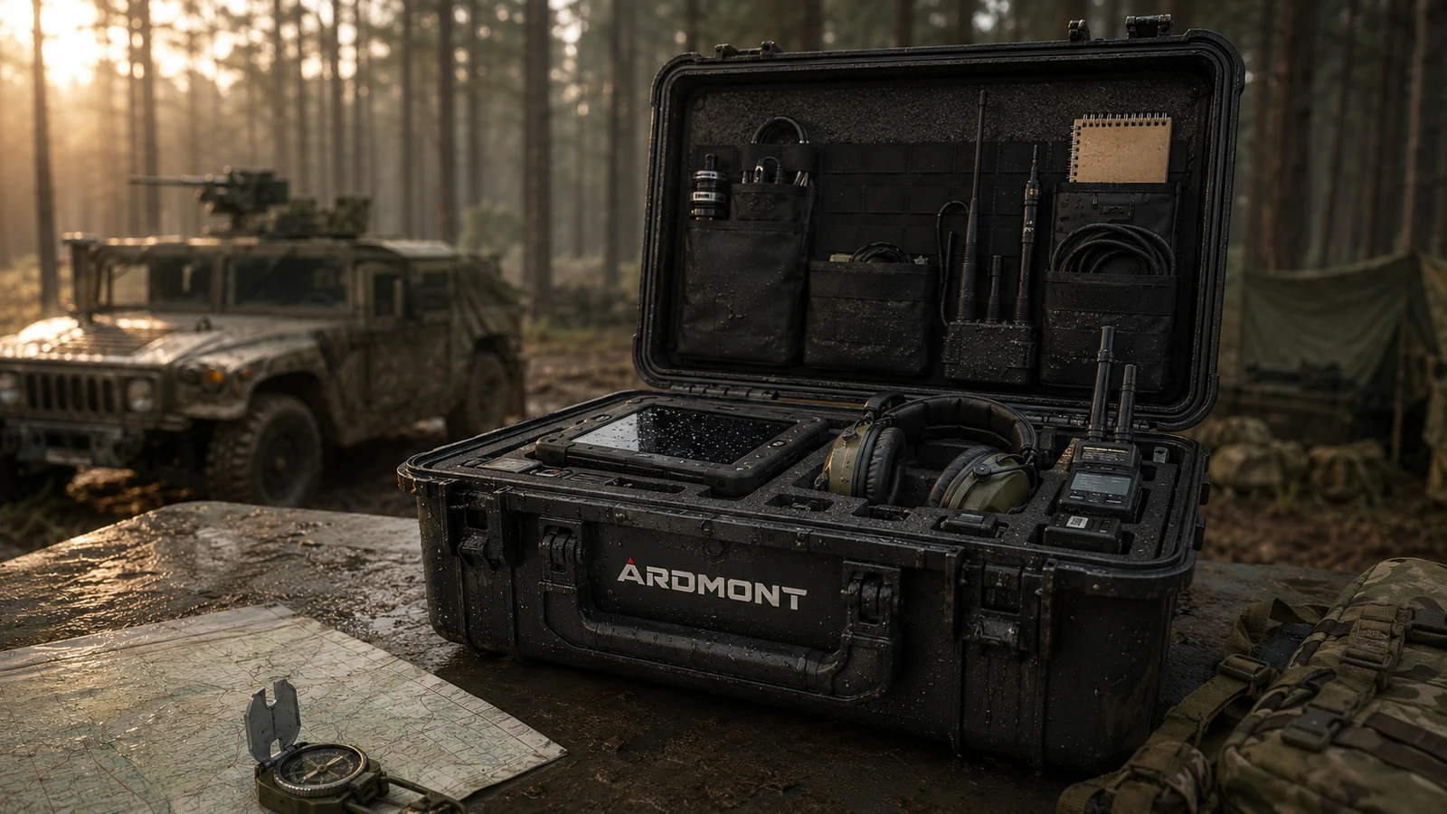 Ardmont Protective Case for Field Equipment Open black Ardmont protective case holding field equipment in a forest setting