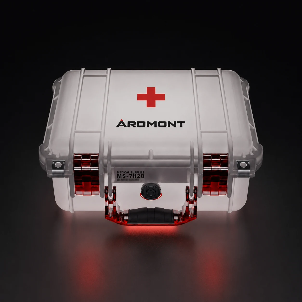 Ardmont Medical Protective Case with Red Latches Complete white translucent Ardmont medical protective case with red latches on a dark studio backdrop