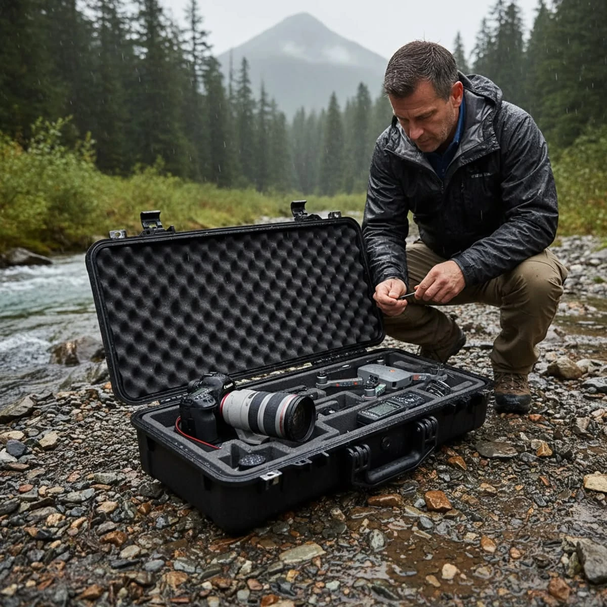 Ardmont Camera Case for Field Photography Photographer accessing a camera and telephoto lens in an open Ardmont protective case outdoors