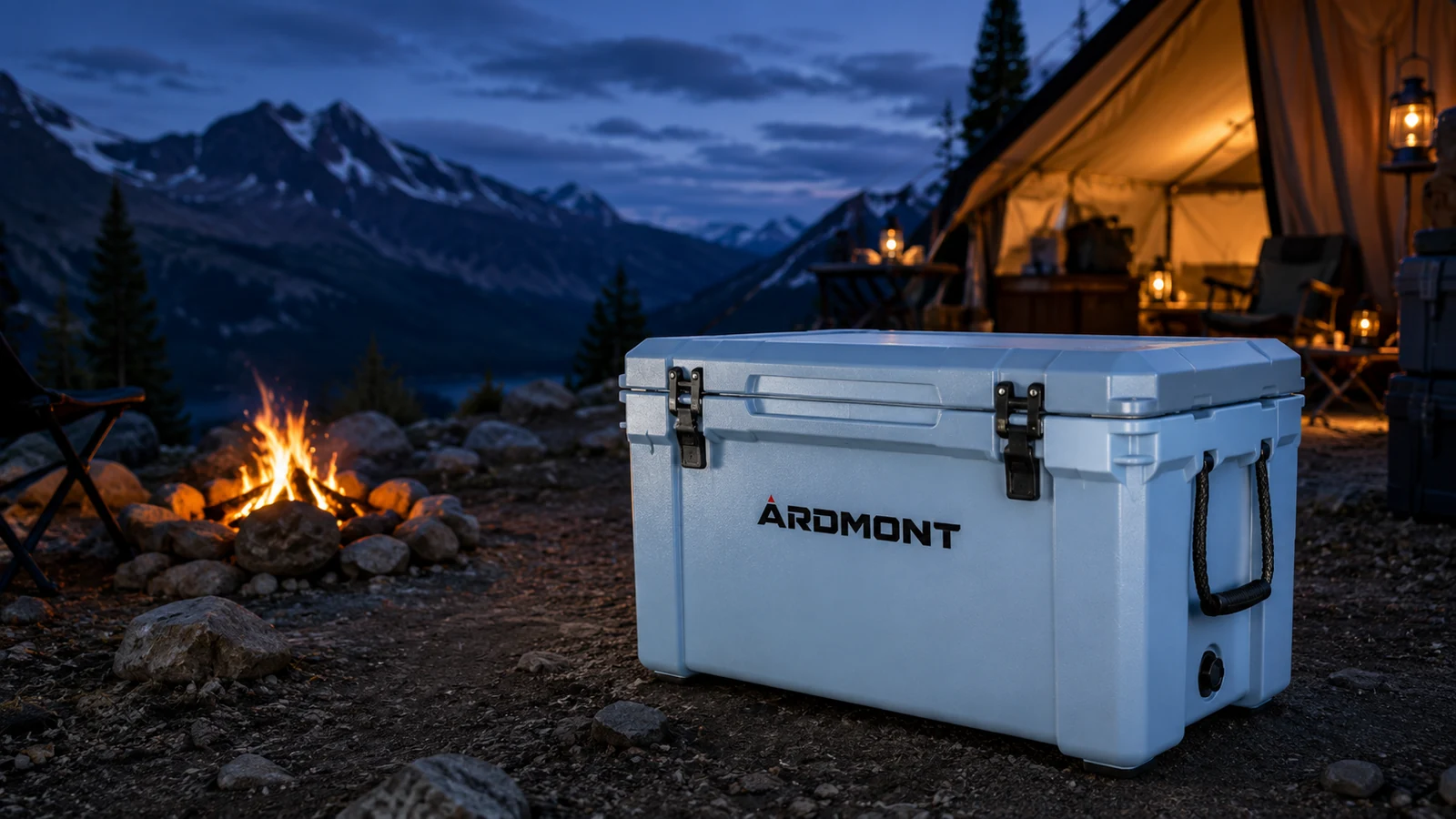 Blue Ardmont Insulated Cooler at a Mountain Campsite Complete blue Ardmont insulated cooler beside a campfire at a mountain campsite