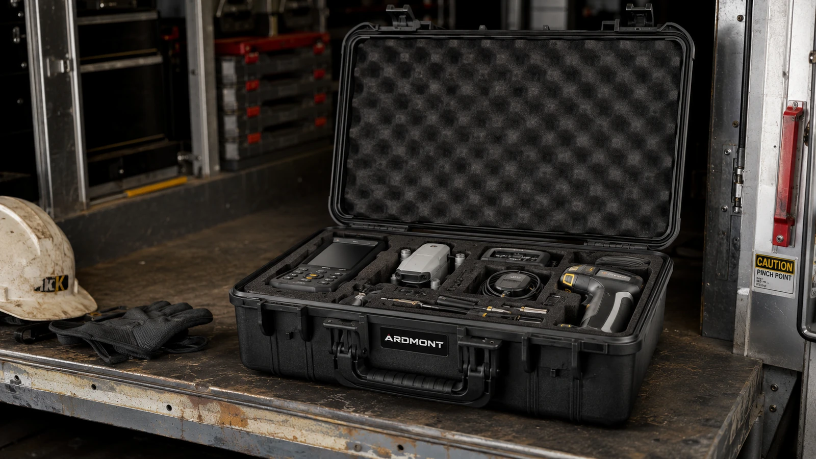 Ardmont Fitted Equipment Case in a Workshop Open black Ardmont equipment case with fitted tools in a workshop