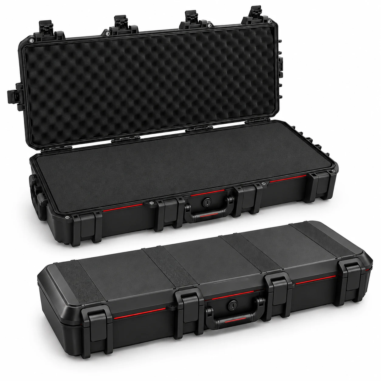 Ardmont Long Gun Cases — Open and Closed Open and closed black Ardmont long gun cases with foam interiors on a white background
