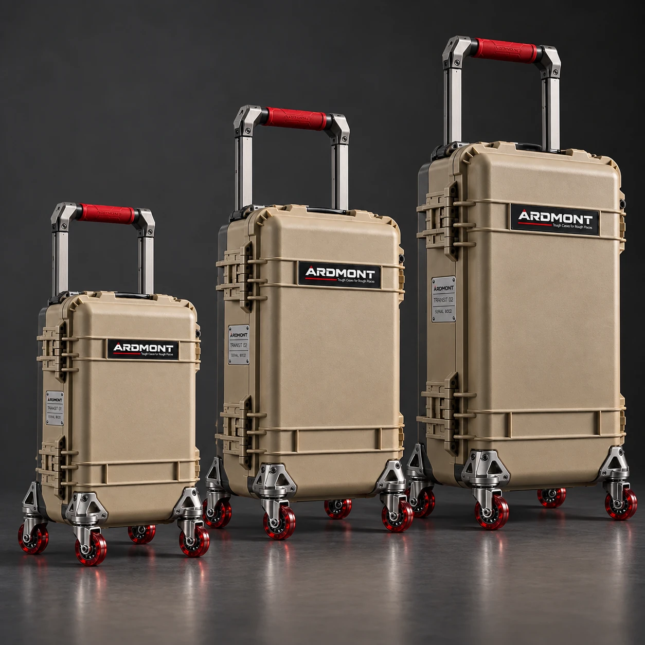 Ardmont Hard-Shell Luggage in Three Sizes Three tan Ardmont hard-shell travel cases with telescopic handles and wheels in different sizes
