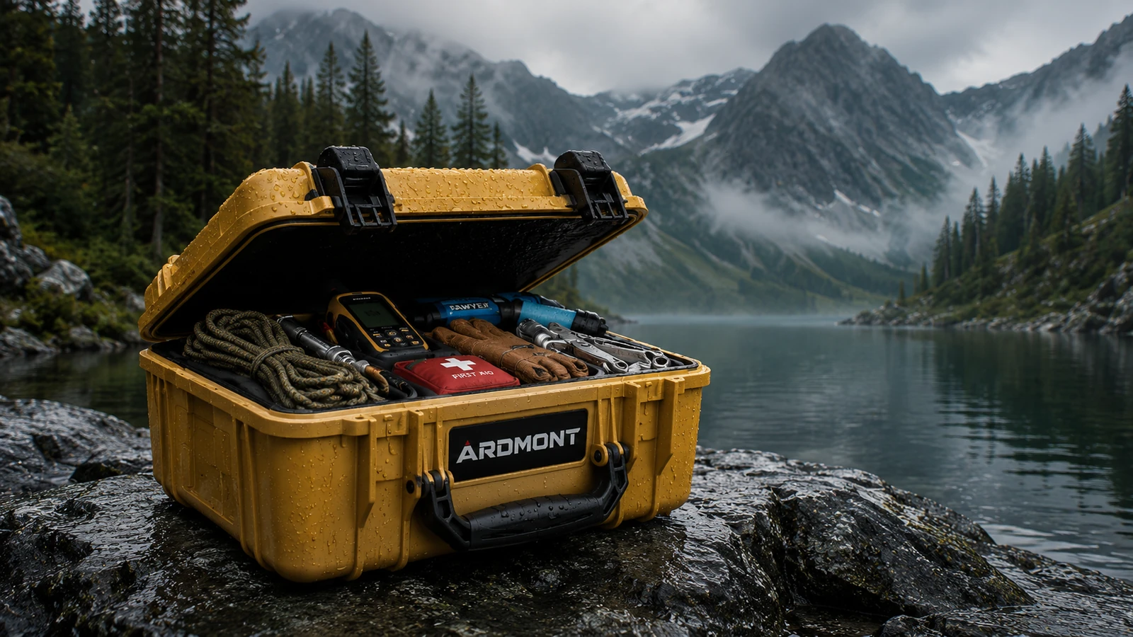 Ardmont Protective Case for Outdoor Equipment Open yellow Ardmont protective case with organized equipment beside a mountain lake