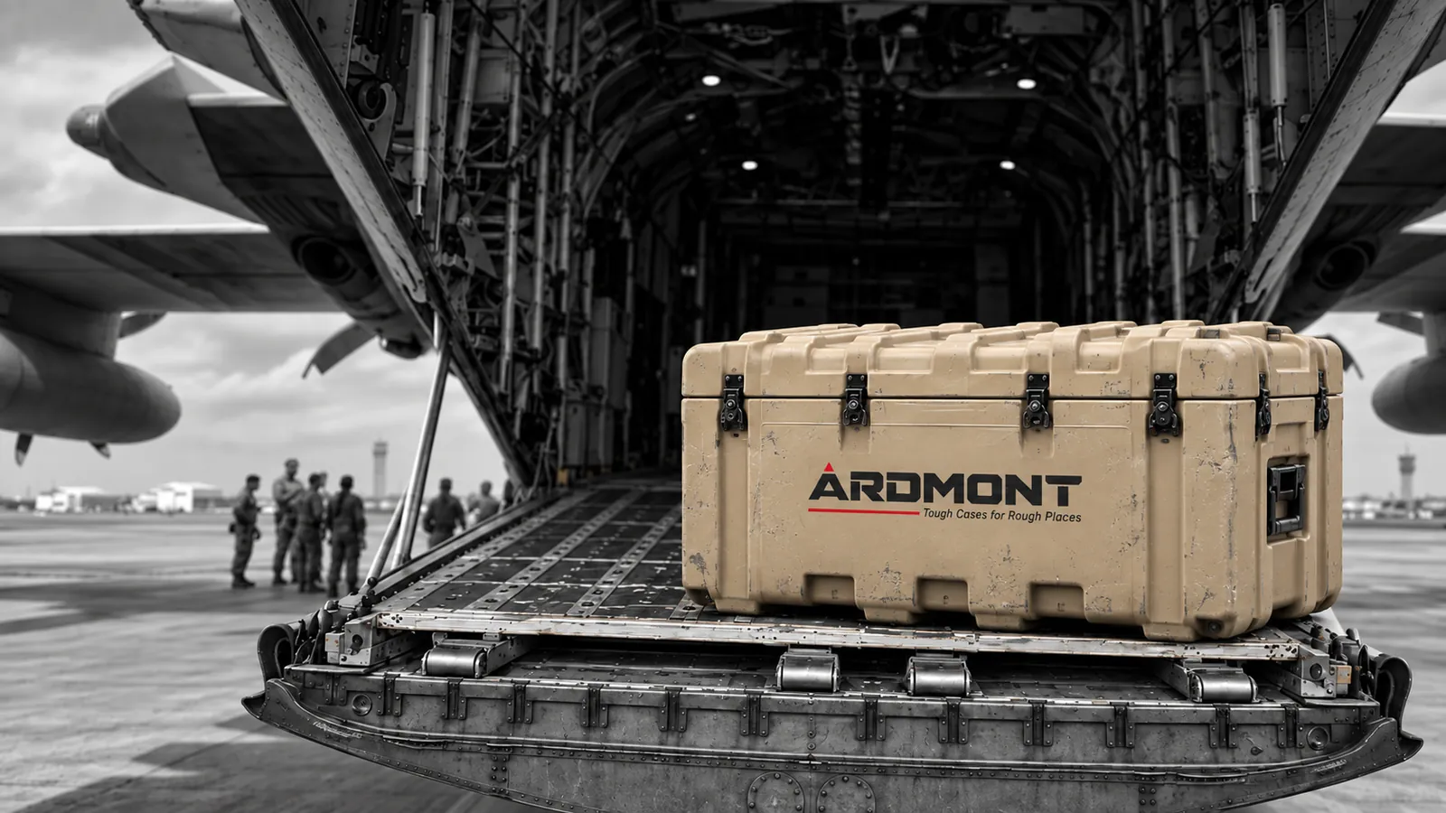 Tan Protective Hard Case on a Military Cargo Ramp: Ardmont Tan Ardmont protective hard case on the cargo loading ramp of a military transport aircraft