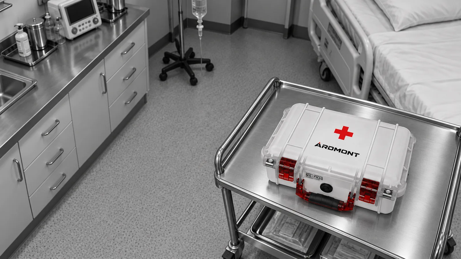 Medical Supply Case on a Clinic Trolley: Ardmont White Ardmont medical supply case with a red cross on a stainless steel trolley in a clinic treatment room