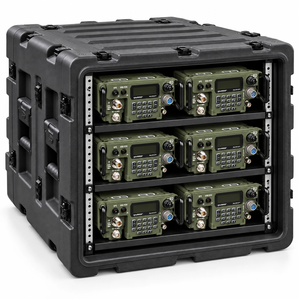 Ardmont Rack Case with Six Field Radios Black Ardmont rugged rack case holding six green field radios on a white background