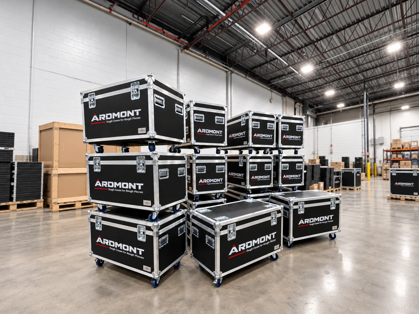 Aluminum Transit Flight and Road Cases Black aluminum transit flight cases with handles and wheels in a warehouse