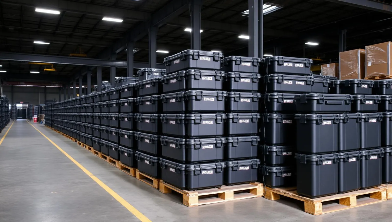 Warehouse pallets stacked with rows of identical black hard cases